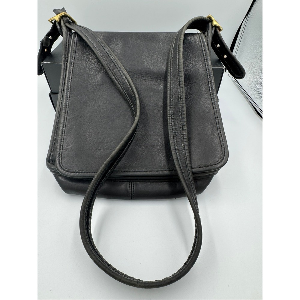Vintage Coach Black Leather Flap Crossbody Messenger Bag Brass Hardware USA